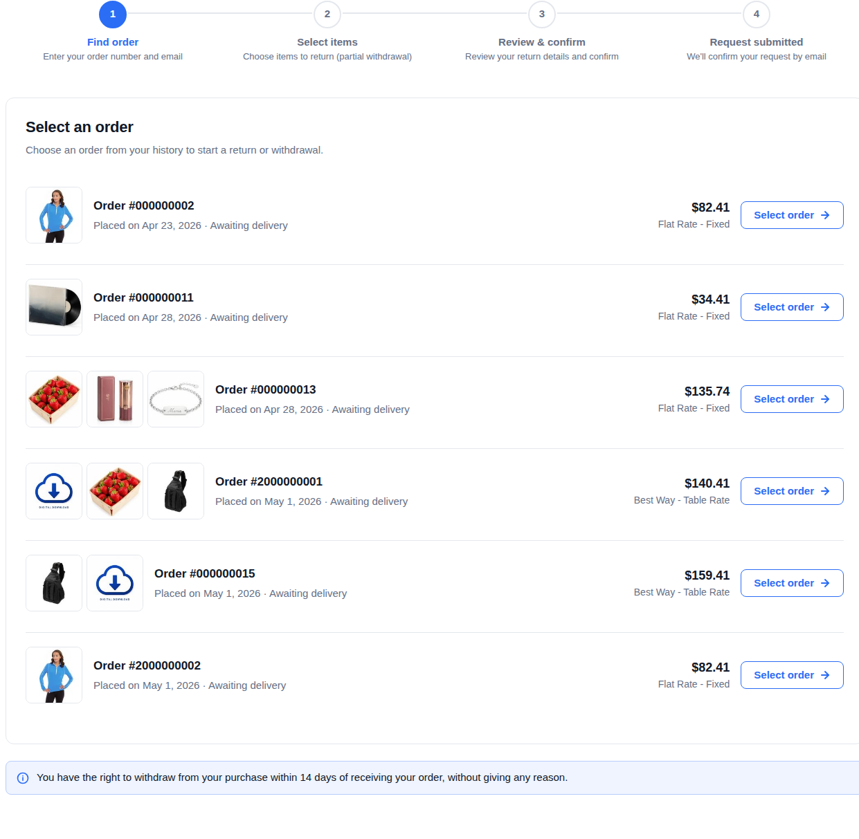 Landing page with eligible orders