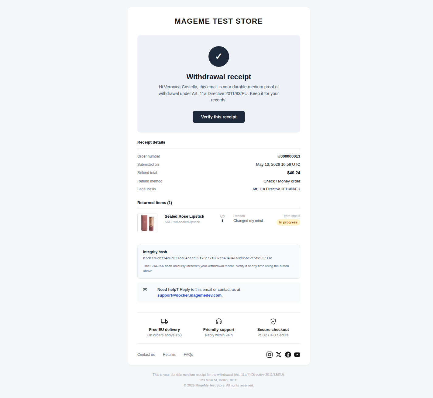 Receipt email in Mailpit