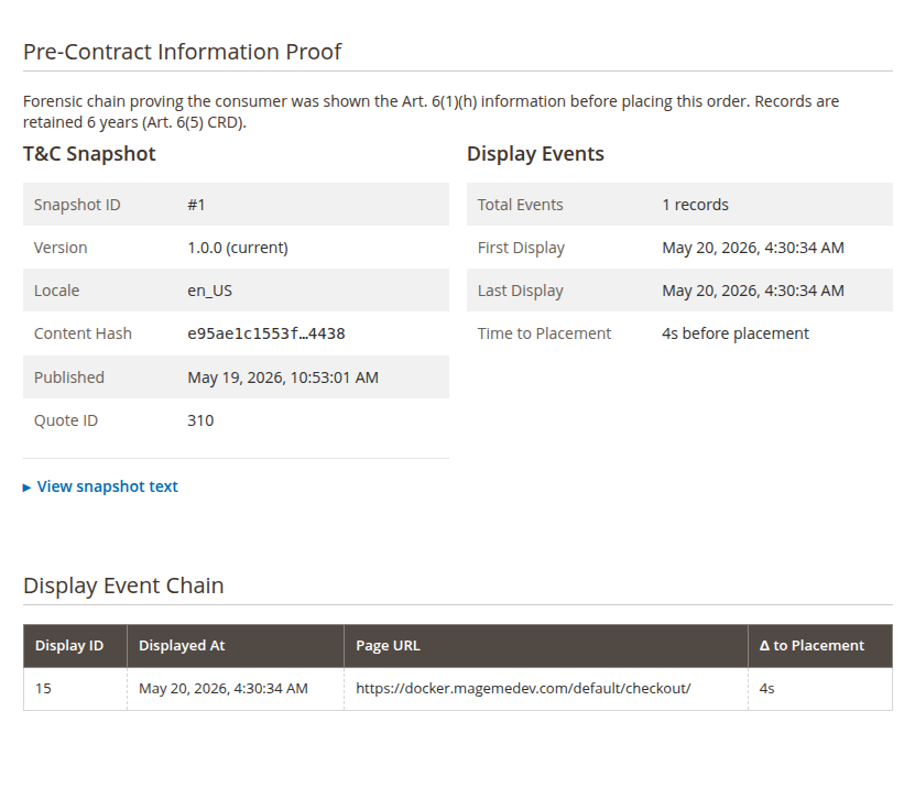 Pre-Contract Information Proof tab showing the saved T&C snapshot (with publish date and version), the display event count and time-to-placement, and a table of display events with URL and timing