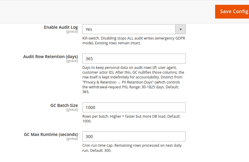 Audit Log settings showing Enable Audit Log (Yes), Audit Row Retention 365 days, GC Batch Size 1000, GC Max Runtime 300 seconds