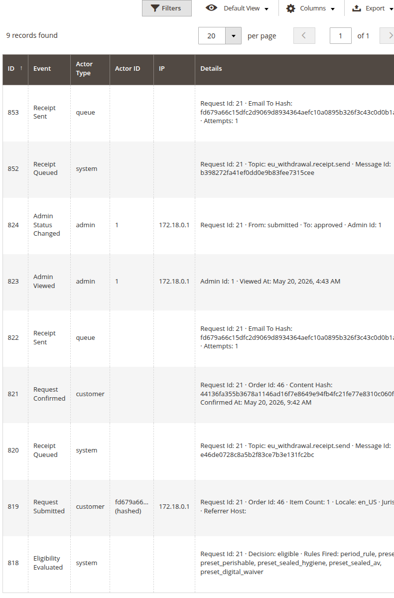 Audit tab showing a list of events: Receipt Sent, Admin Status Changed (submitted to approved), Admin Viewed, Request Confirmed, Receipt Queued, Request Submitted, Eligibility Evaluated, each with timestamp, actor type, and details