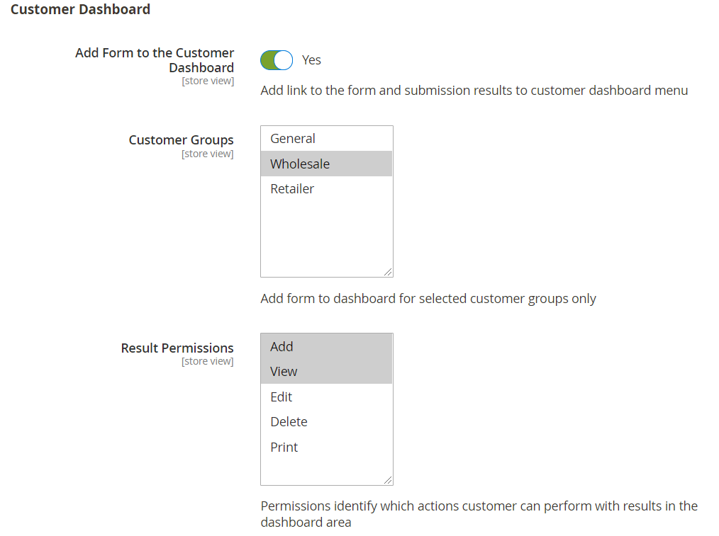 customer dashboard parameters