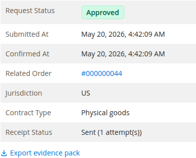 Request summary card showing Request Status Approved, dates, related order, jurisdiction, contract type, receipt status, and an Export evidence pack link at the bottom