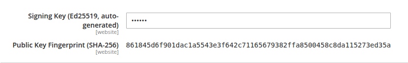 Evidence settings showing Signing Key (auto-generated) as a hidden field, and Public Key Fingerprint as a long string of characters