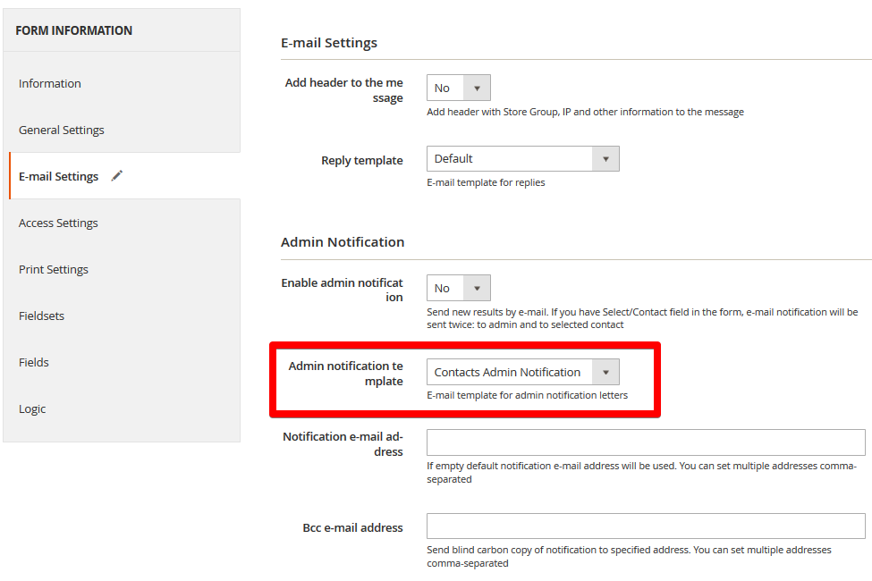 form e-mail settings tab