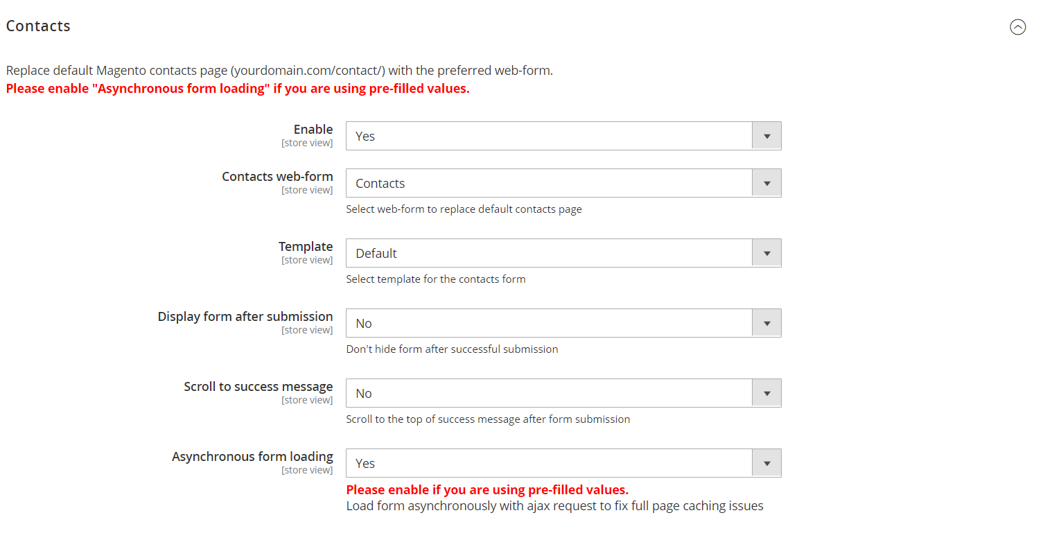 form settings contacts section