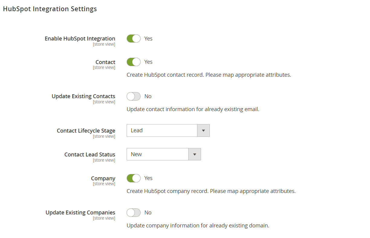 HubSpot integration settings tab
