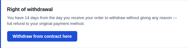 Order email section showing 'Right of withdrawal' heading, 14-day reminder text, and a blue 'Withdraw from contract here' button