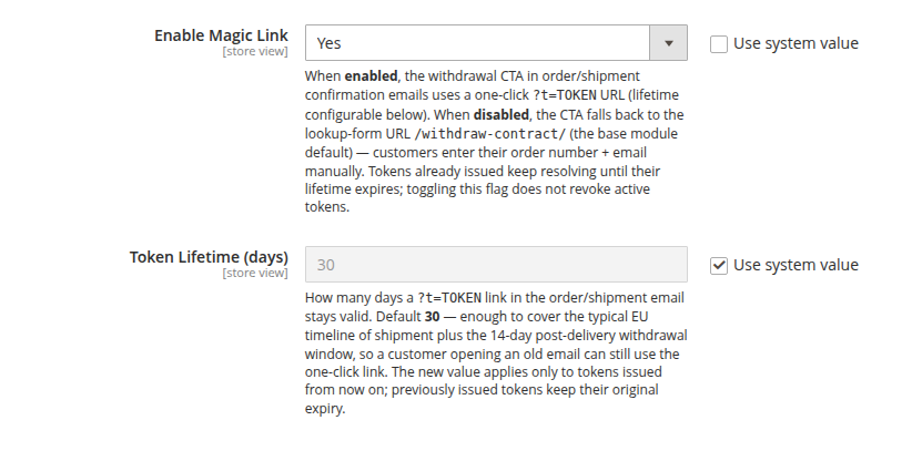 Admin configuration page showing two Magic Link settings: Enable Magic Link (Yes), and Token Lifetime in days (default 30)