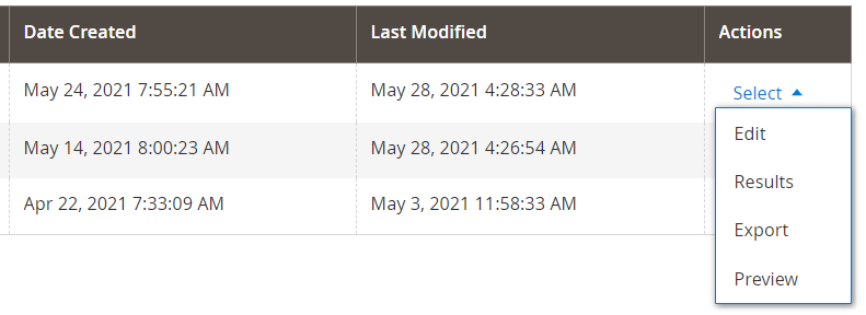 manage forms row actions