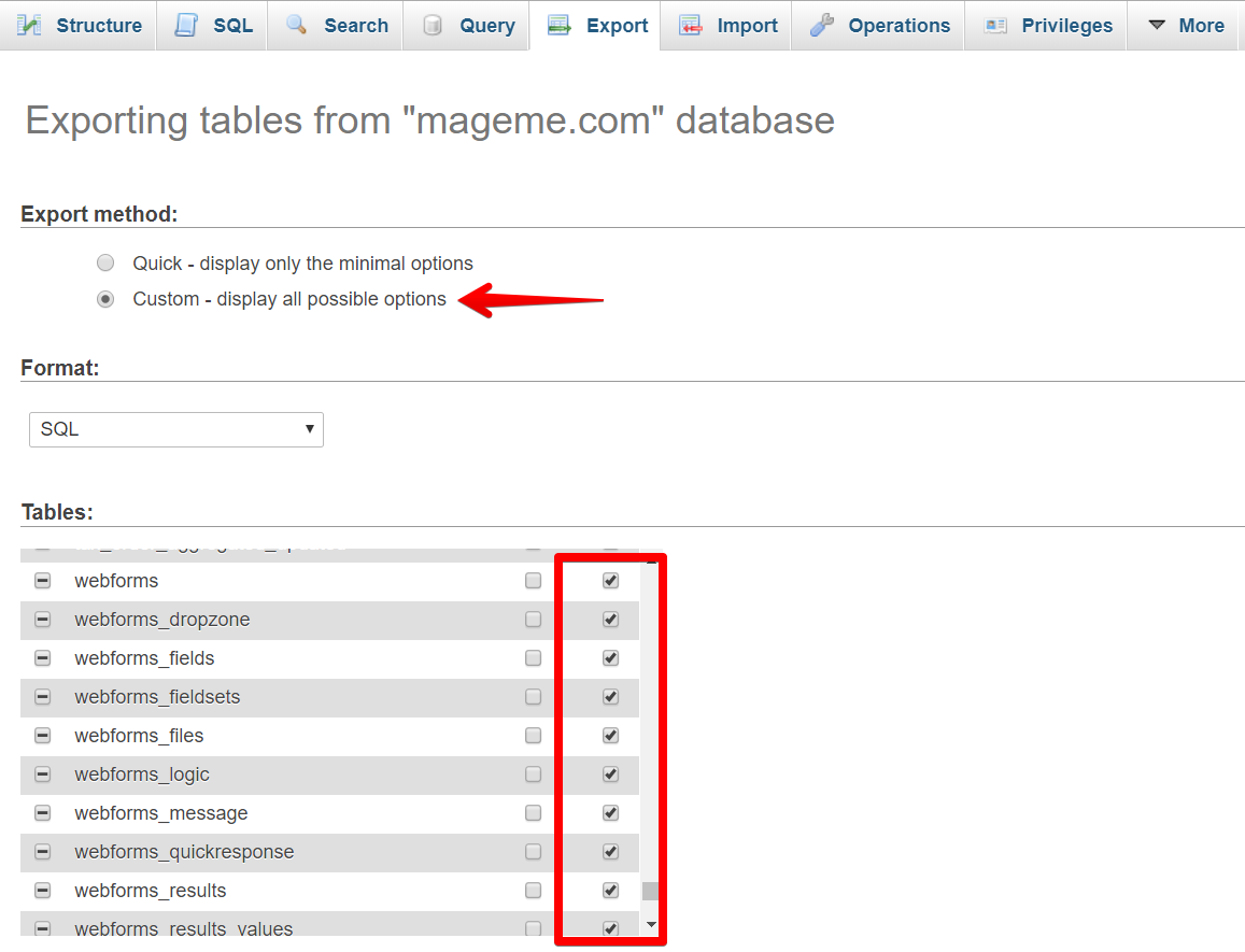 phpmyadmin webforms data export