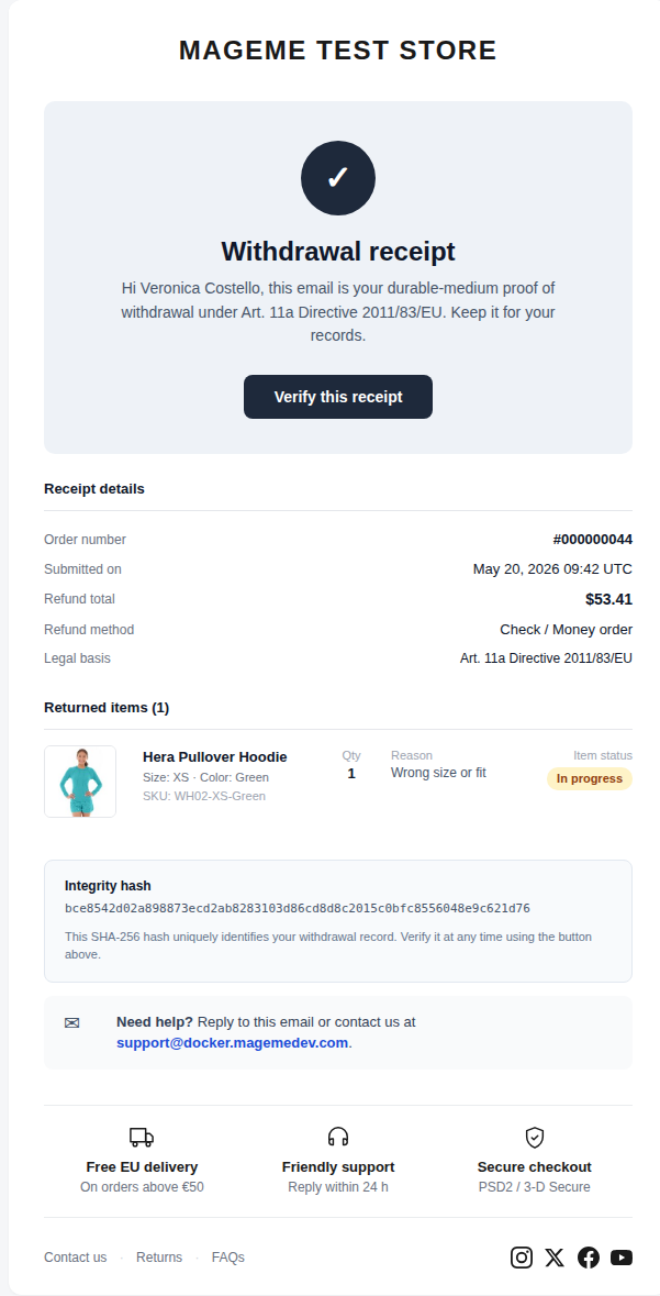 Cancellation receipt email with Verify this receipt button and integrity reference at the bottom