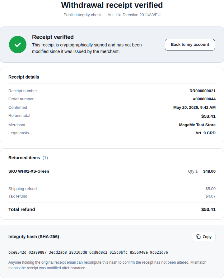 Public verification page showing the receipt is verified, with all receipt details and the integrity reference
