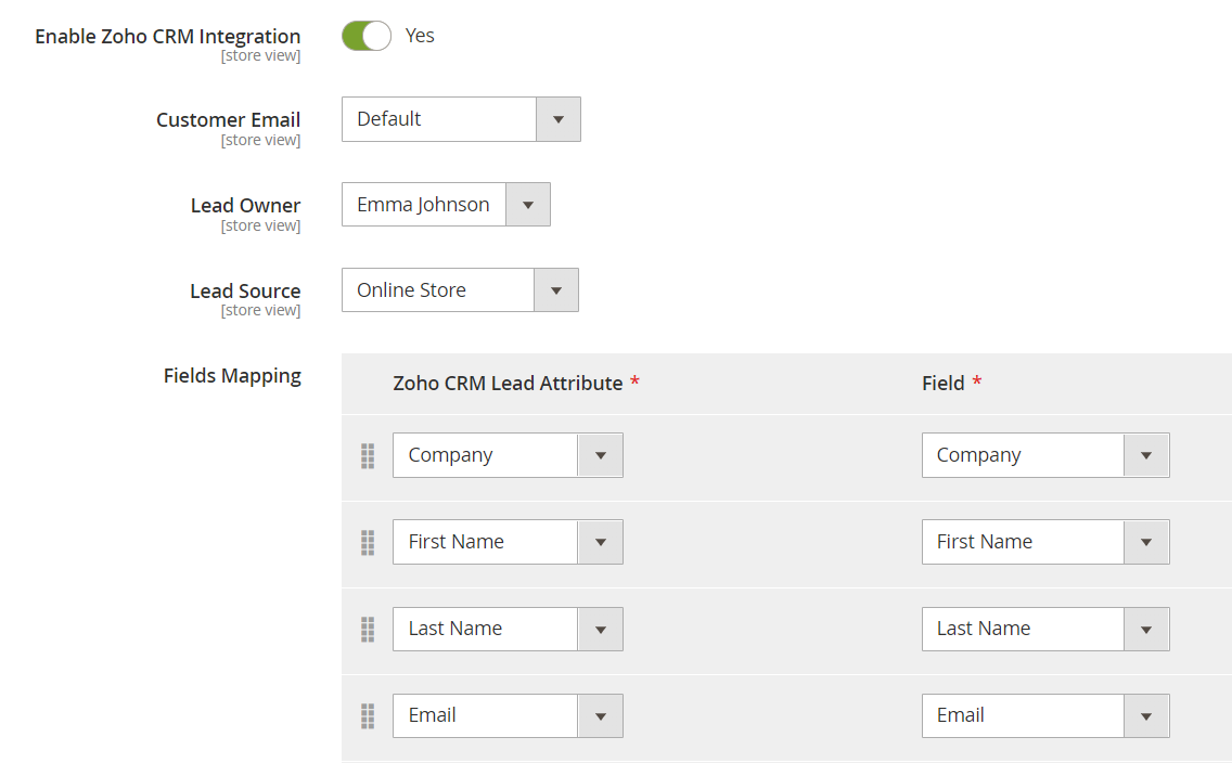 Zoho integration settings tab